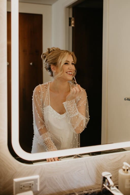 Windy City Glam bridal hair and makeup featuring a blonde bride.