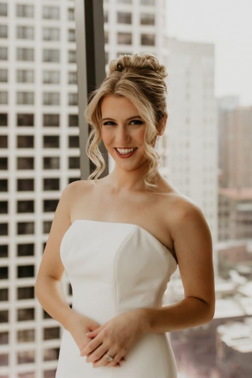 Windy City Glam bridal hair and makeup featuring a blonde bride.