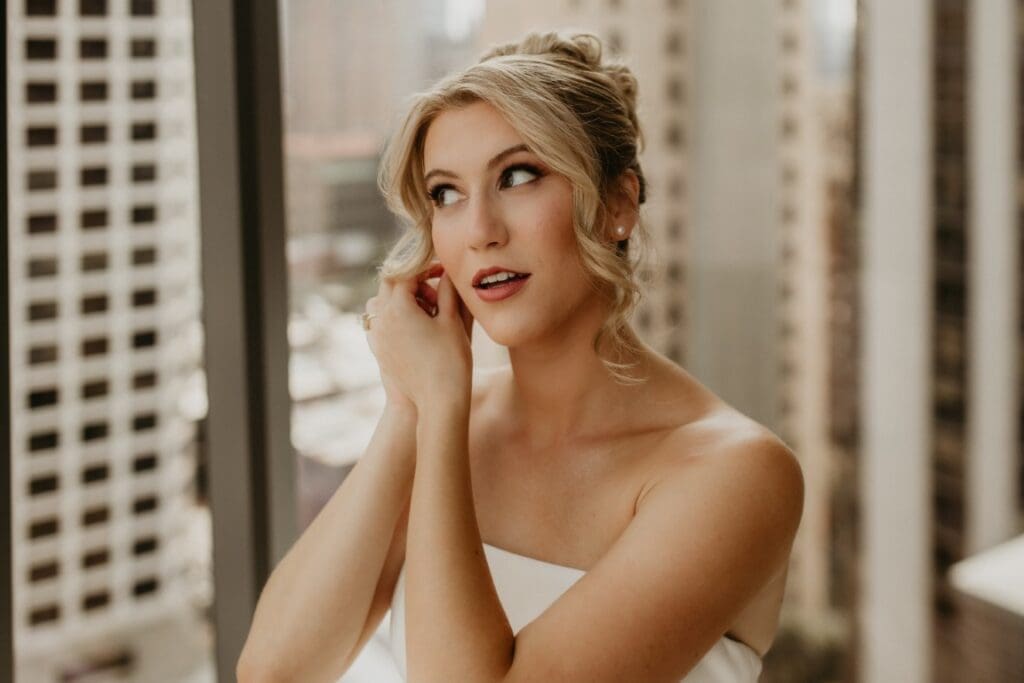 Windy City Glam bridal hair and makeup featuring a blonde bride.