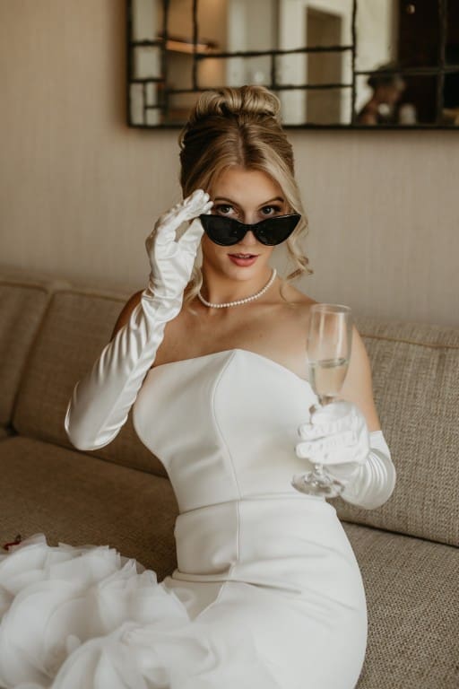 Windy City Glam bridal hair and makeup featuring a blonde bride.