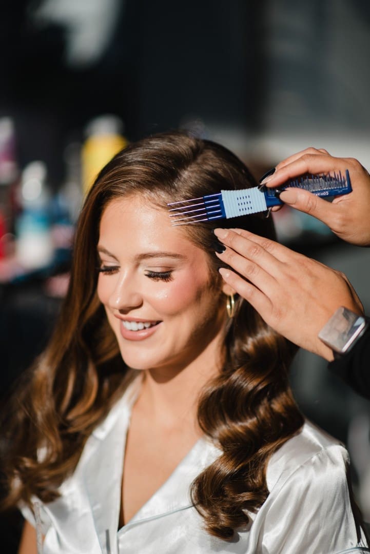 Chicago bride getting her hair styled