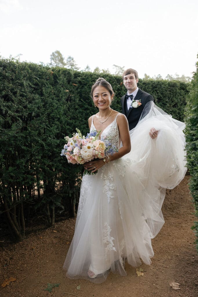 Bride and groom walking together.