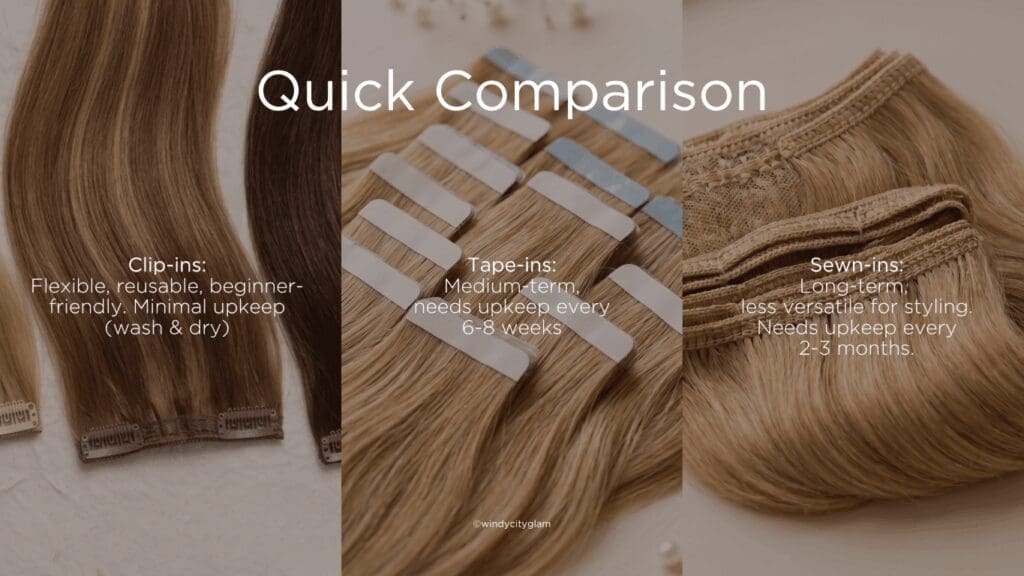 Educational graphic comparing clip-in, sew-in, and tape-in hair extensions for brides choosing wedding looks.