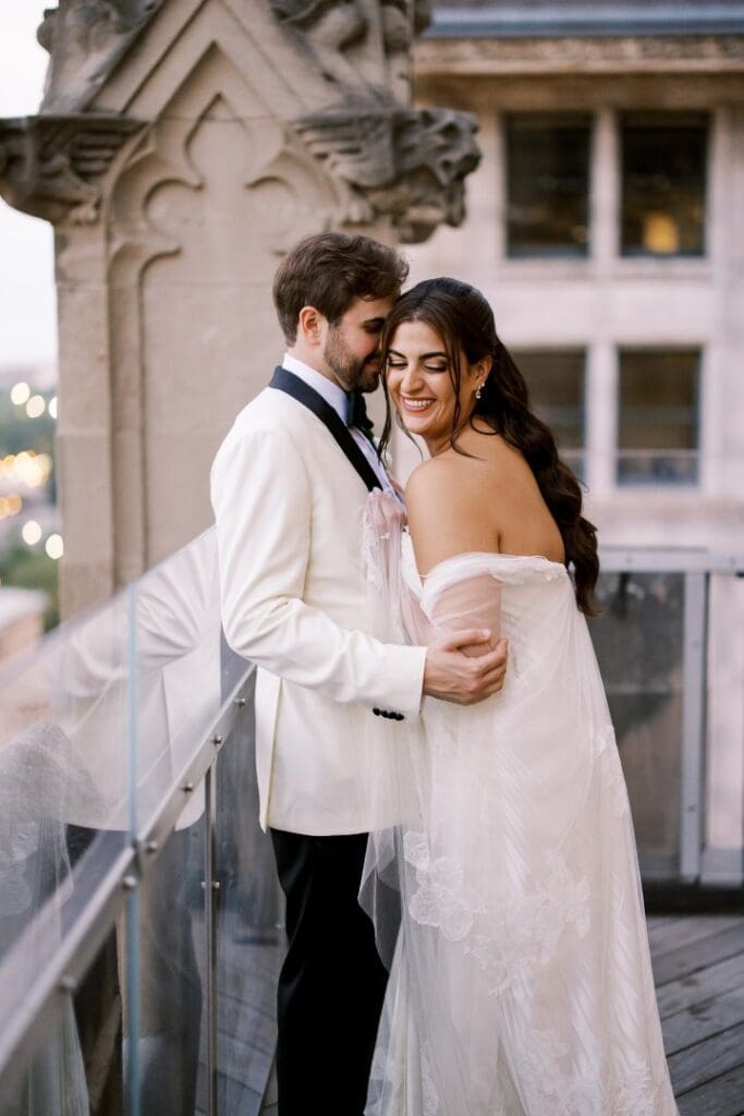 Chicago bride with soft glam makeup and hair down posing