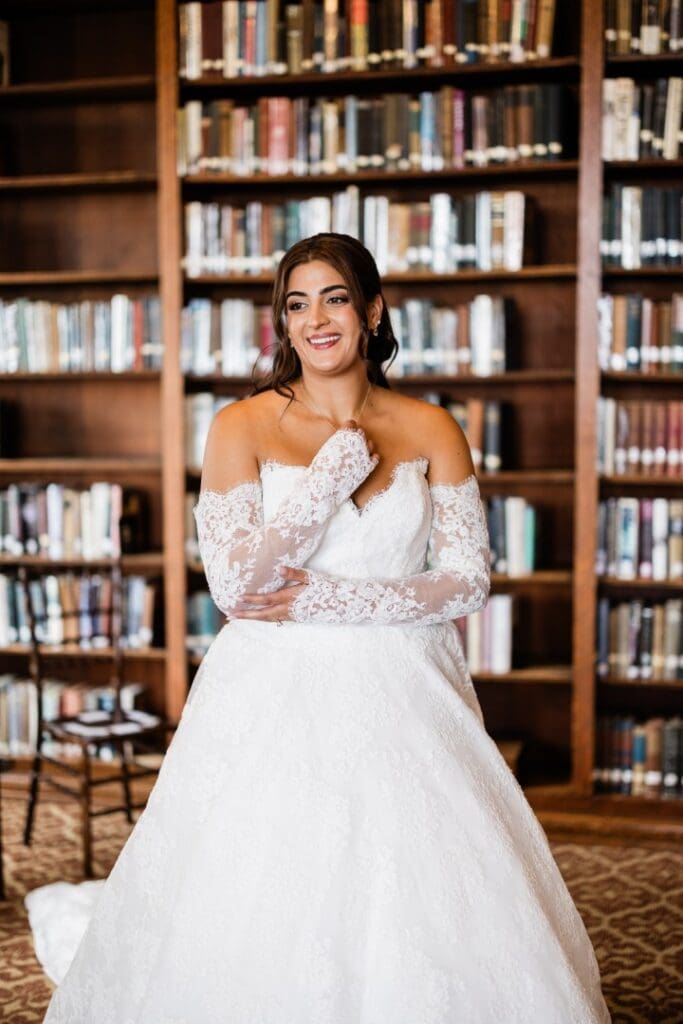 Chicago bride posing in classic bridal gown with soft glam makeup