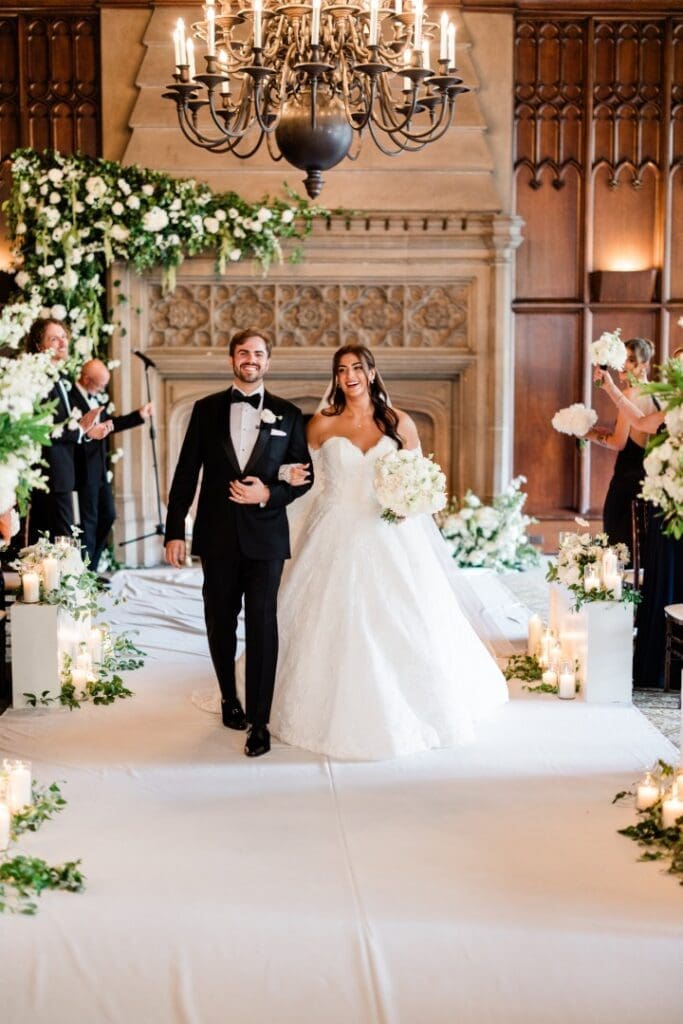 Chicago bride and groom walking down the aisle