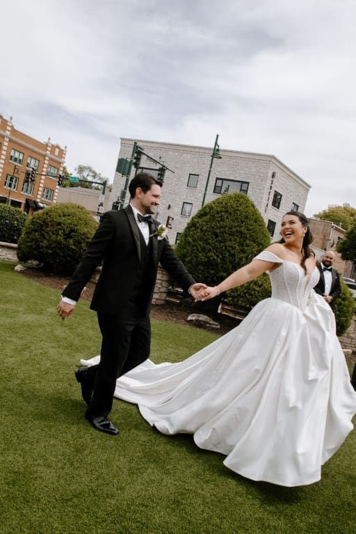 Chicago bride and groom walking holding hands