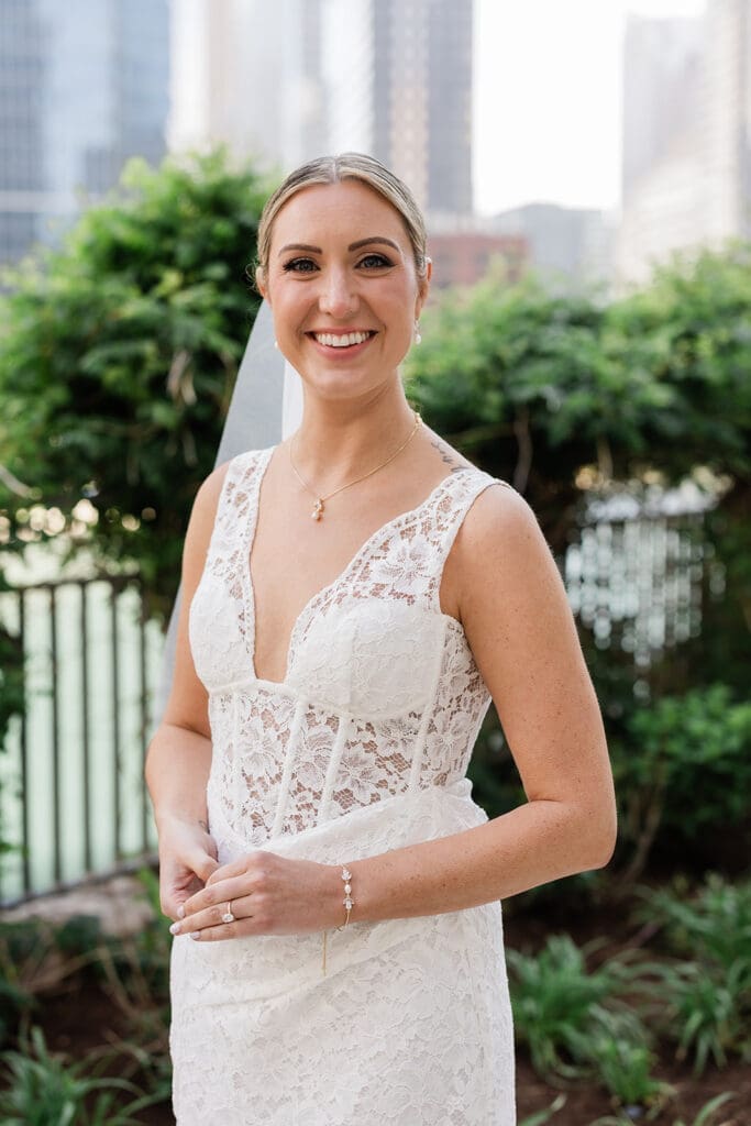 Chicago bride with Soft Glam Wedding Makeup smiling 