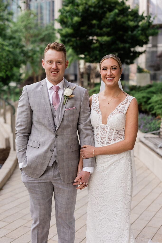 Chicago bride and groom posing and smiling