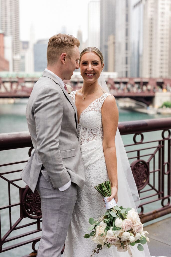 Chicago bride and groom posing and smiling