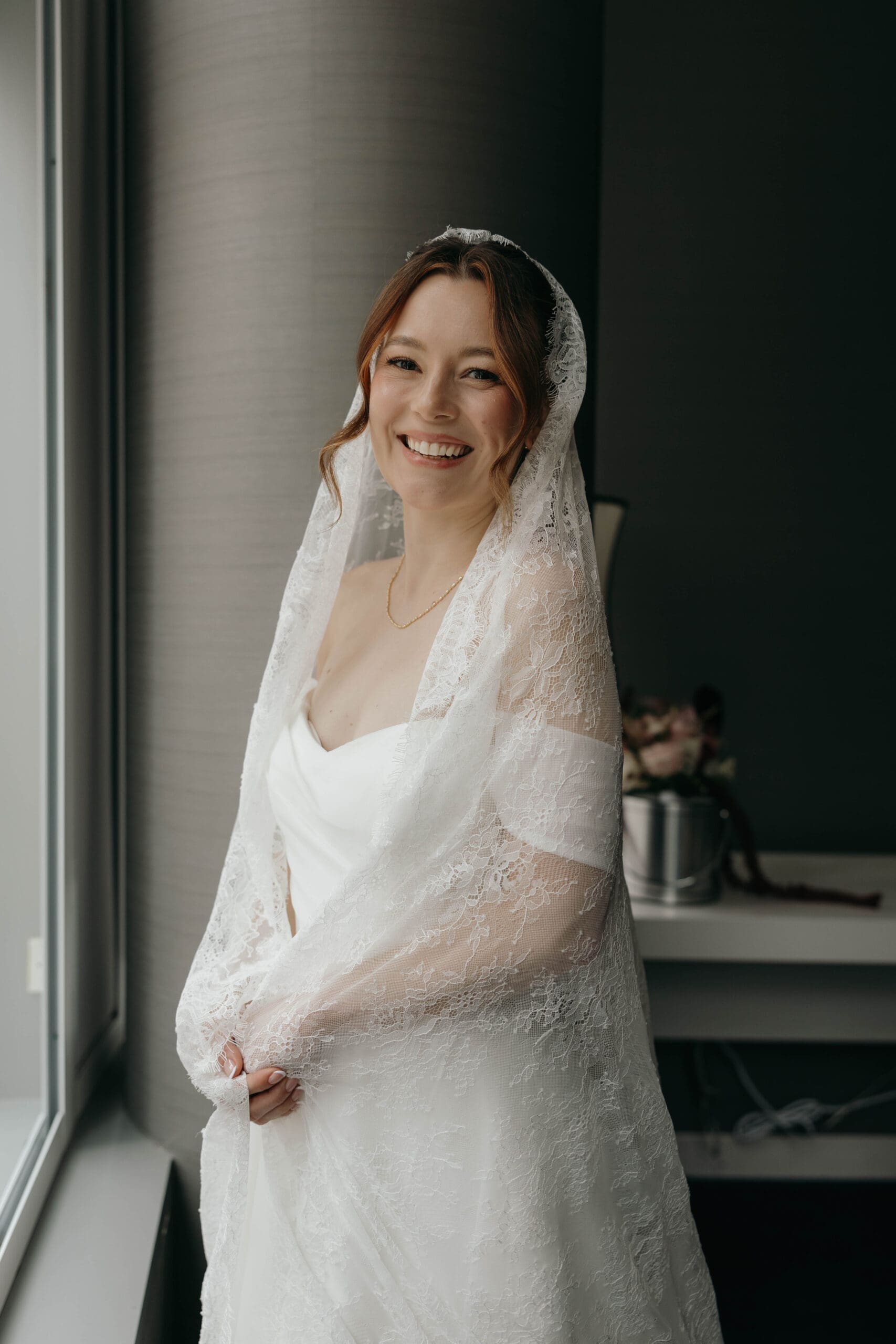 Chicago bride wearing updo and wedding veil.